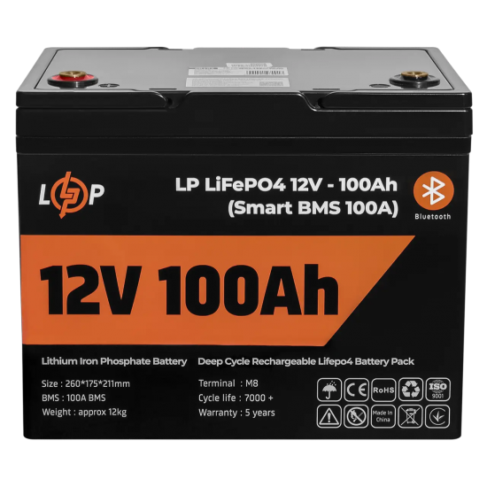 Акумулятор LogicPower LP LiFePO4 для ДБЖ 12V - 100Ah (BMS 100A), пластик 14441404 фото